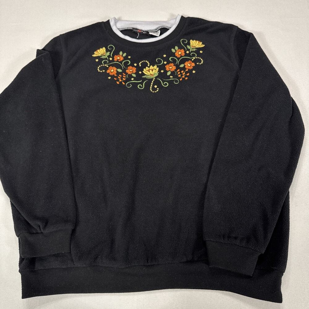 Womens M Embroidered Floral Fleece Pullover Boho Folk Cottagecore Sweatshirt